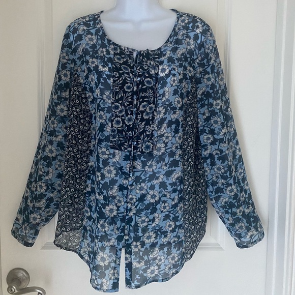 J. Jill Women’s Blue Floral Sheer Long Sleeve Button Up Top - M Bloomcore Casual - Picture 1 of 7